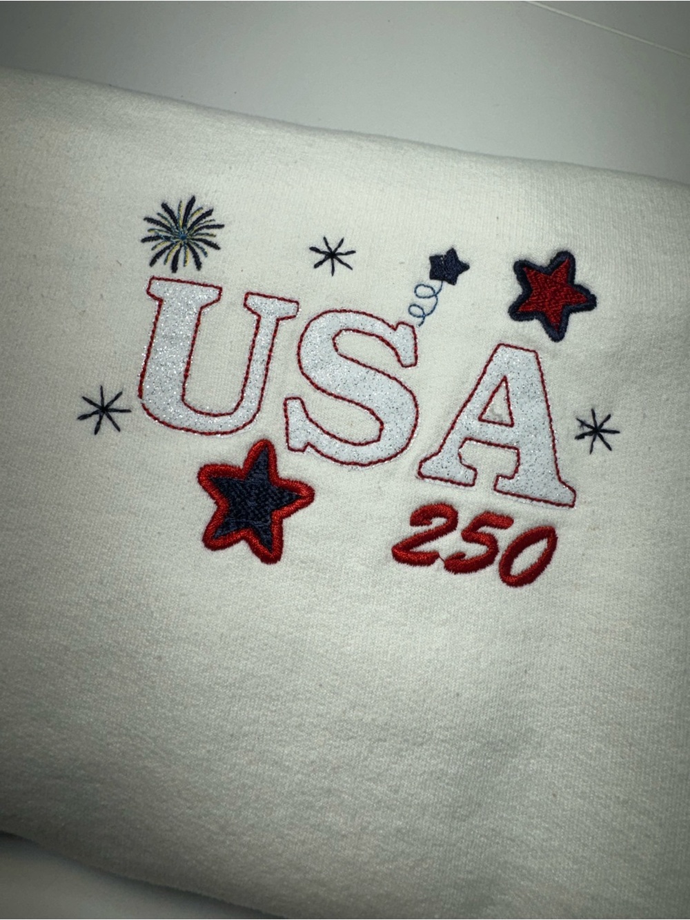 Gildan White Sweatshirt with USA 250 Appliqué Embroidery